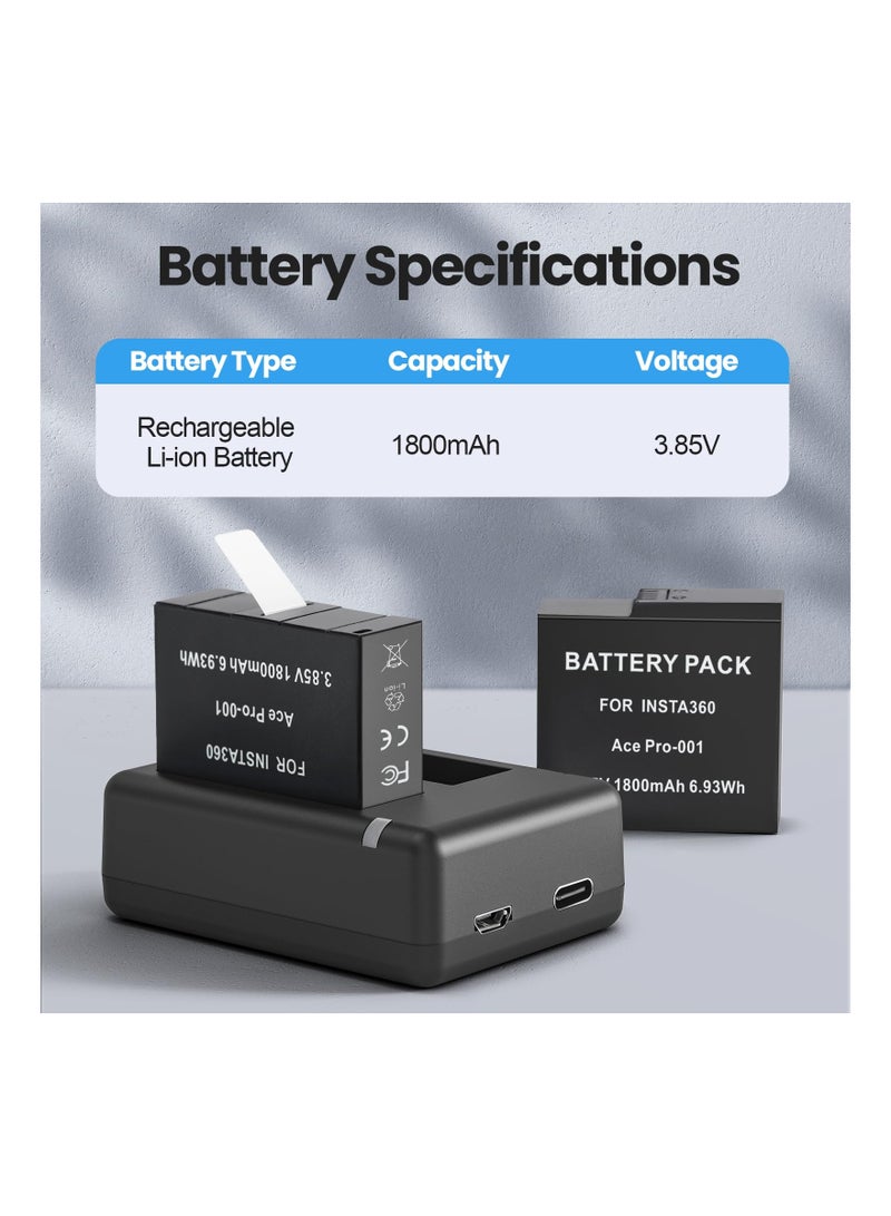 2-Pack 1800mAh Batteries for Insta360 Ace Pro with Dual Fast Charge Hub, Compatible with Insta360 Ace/Ace Pro Camera. - Image 2